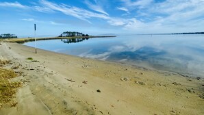 A beach with a calm lake, a sandy shore, and a small island with trees.