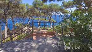 A stone staircase leading to a terrace with a view of the sea, surrounded by trees and a railing.