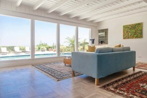 Smart TV, fireplace, books