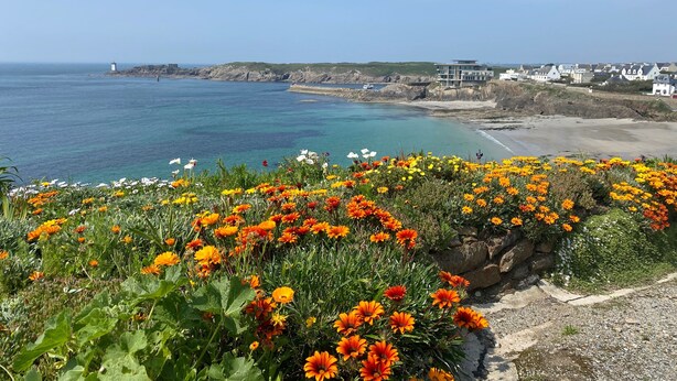 A coastal landscape with a rocky cliff, a lighthouse, and a row of houses. - Small garden level for a seaside holiday (LE CONQUET)