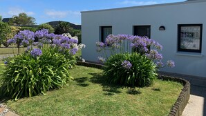 A modern building with a white exterior, surrounded by well-maintained gardens with purple flowers and green foliage. - Small garden level for a seaside holiday (LE CONQUET)