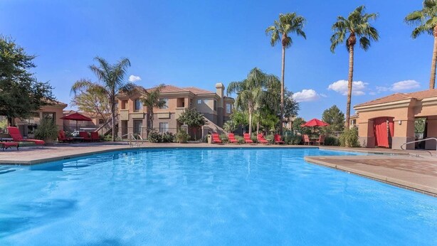 A swimming pool with red lounge chairs and umbrellas, surrounded by palm trees and buildings. - Vacation worthy Gilbert resort setting (Mesa)