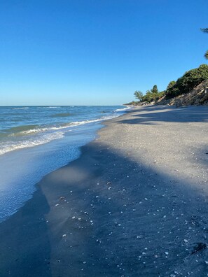 A beach with a clear sky, calm sea, and a rocky shoreline.