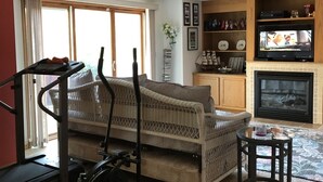 A living room with a treadmill, a sofa, a fireplace, and a television. - Rock River Haven - charming, spacious, peaceful (Watertown)