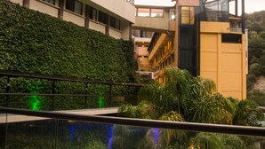 Un edificio moderno con setos verdes, un puente de cristal y una piscina.