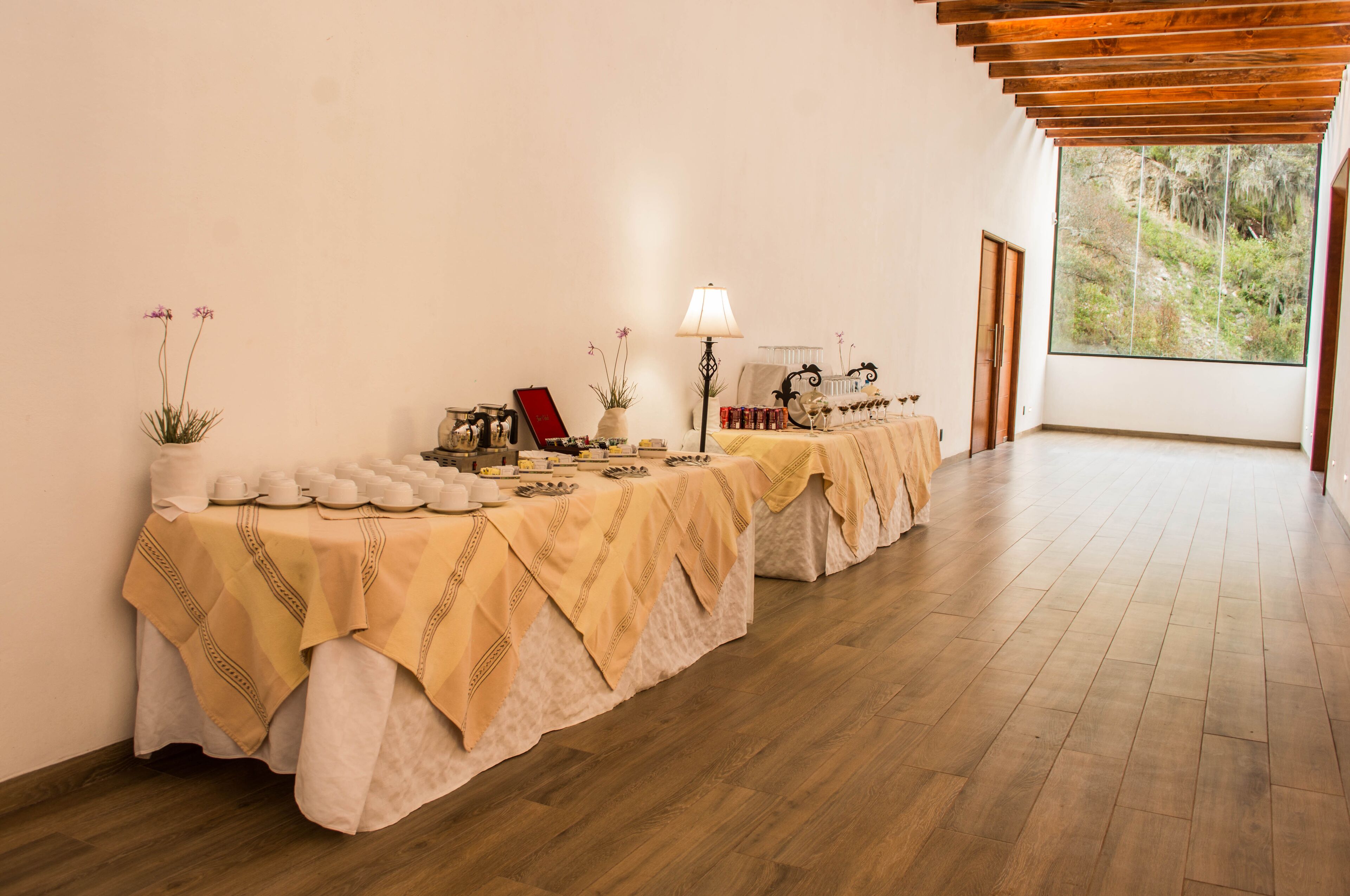 Une longue table recouverte d’une nappe à motifs, avec une plante en pot et divers objets disposés dessus.