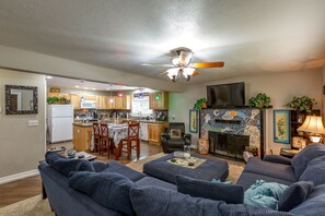 TV, fireplace, video games, foosball