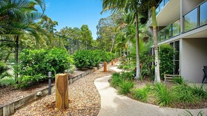 A pathway flanked by lush greenery and palm trees, leading to a modern building with large windows. - Baden 86 - Rainbow Shores. Walk To Beach - Top Floor - Air conditioned Unit. Free Wi-Fi (RAINBOW BEACH)