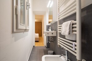 Shower, hair dryer, bidet, towels