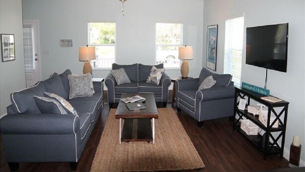 A living room with two sofas, a coffee table, and a TV. There are two windows with blinds, a ceiling fan, and a small table with a lamp. - Carlapooh - 2018 New Home (St. Augustine)