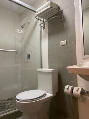 A bathroom with a toilet, a glass shower enclosure, a towel rack, and a sink with a mirror.