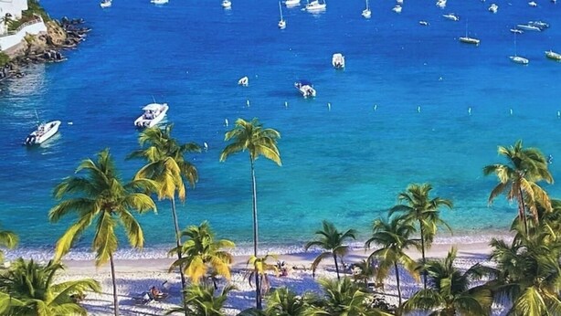 A beach with palm trees and boats in the water. - Cowpet Bay Beach Front Villa with Amazing Views (Elysian Beach Resort)