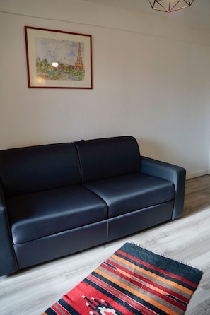 Un canapé de couleur sombre, placé contre un mur blanc, avec un tableau encadré représentant la Tour Eiffel.