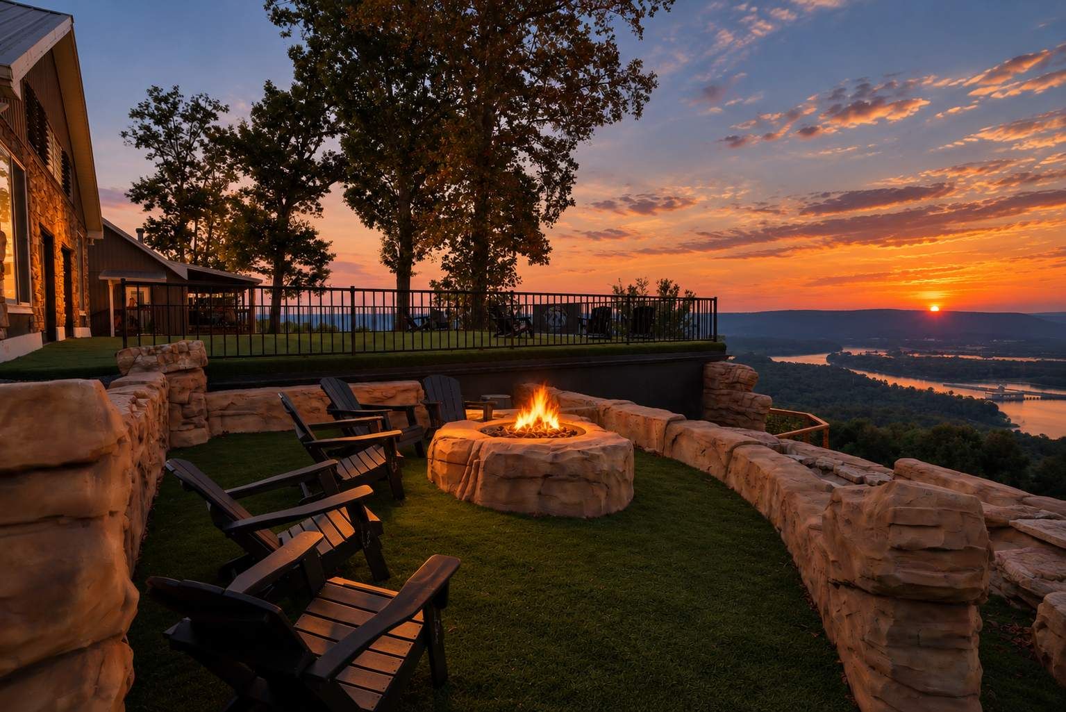 An outdoor seating area with a fire pit, stone walls, and a view of the sunset over a body of water.