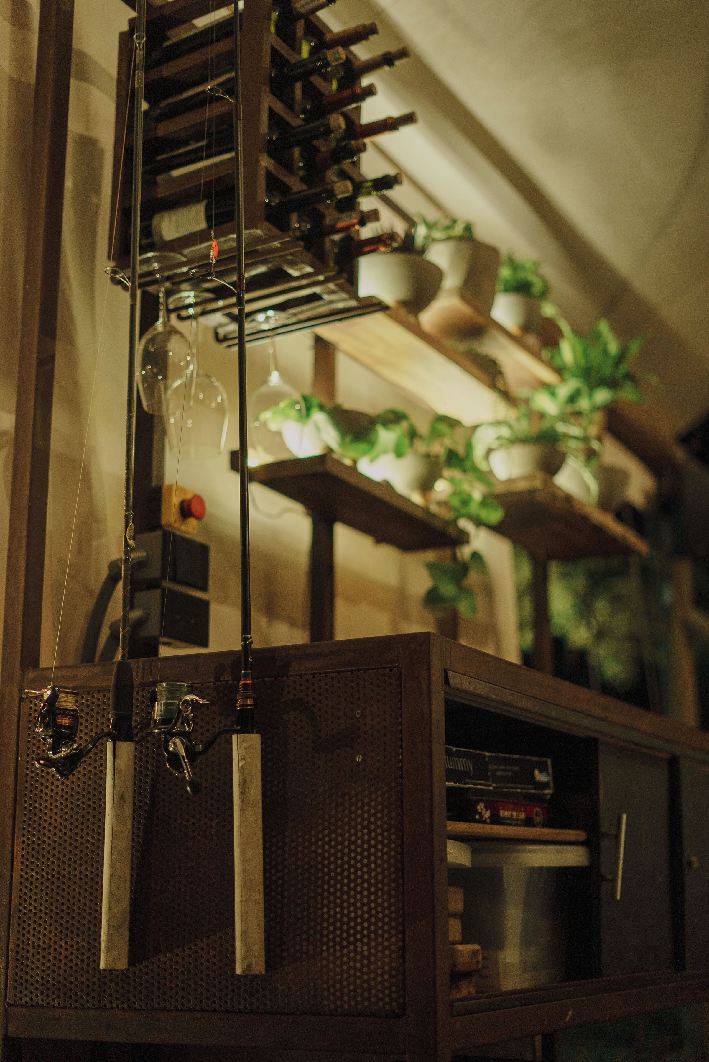 A wine rack with bottles, a hanging light fixture, and shelves with potted plants.