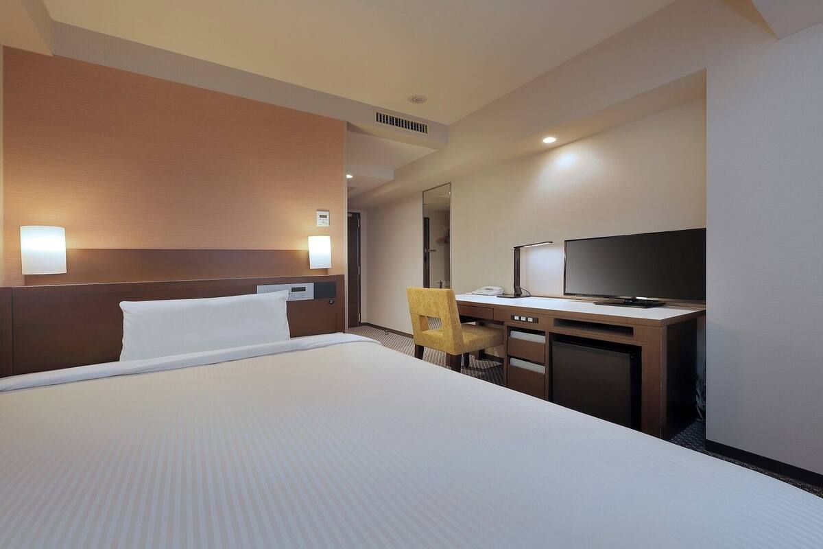 Habitación de hotel con cama, escritorio, silla, televisor y espejo.