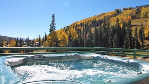 A hot tub with a view of a forested hillside.