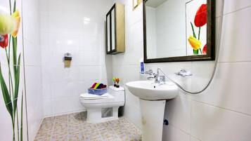 Shower, free toiletries, hair dryer, towels