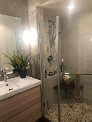 Hair dryer, towels, soap