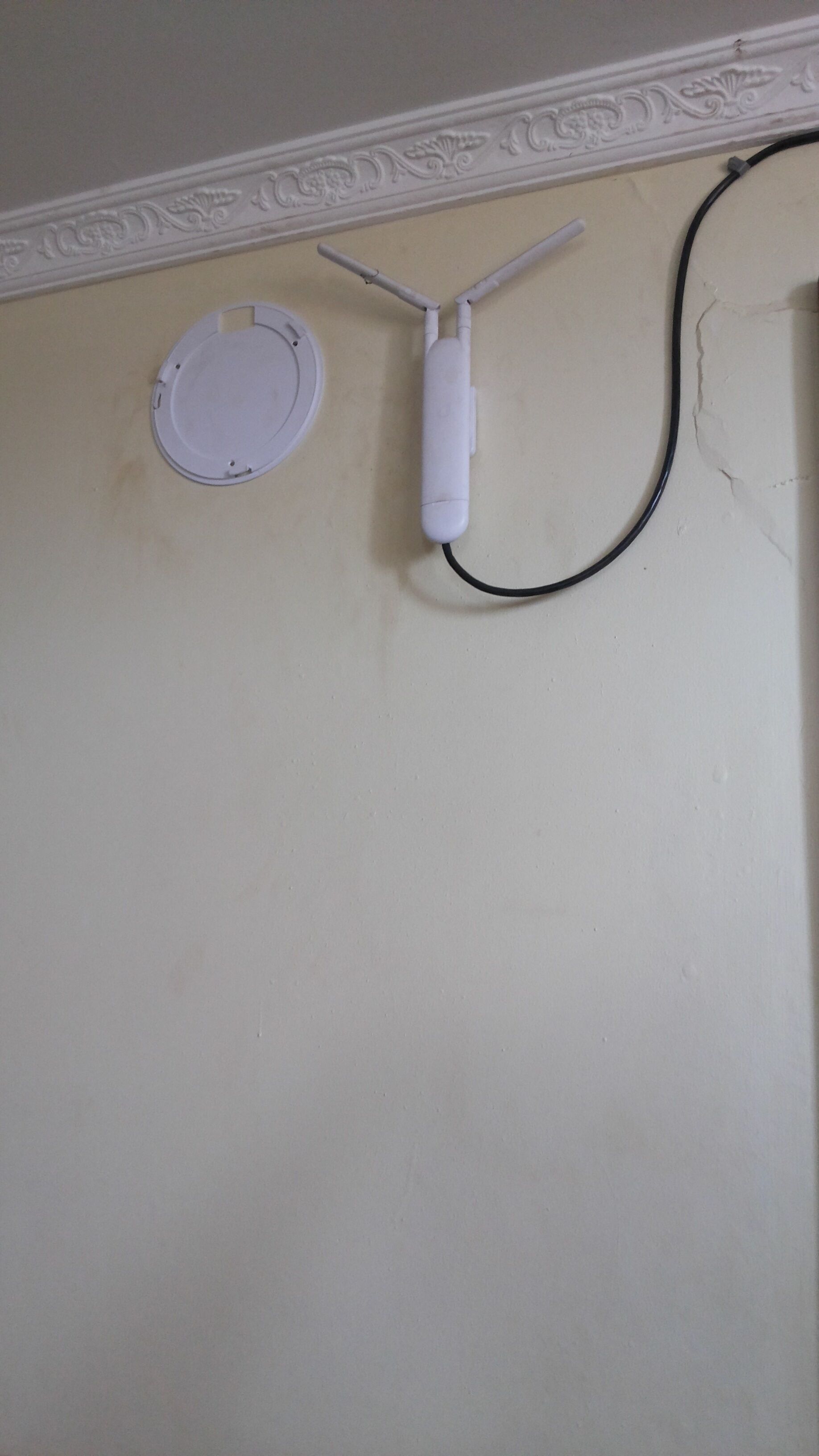 Un plafond blanc avec un détecteur de fumée et une prise électrique blanche.