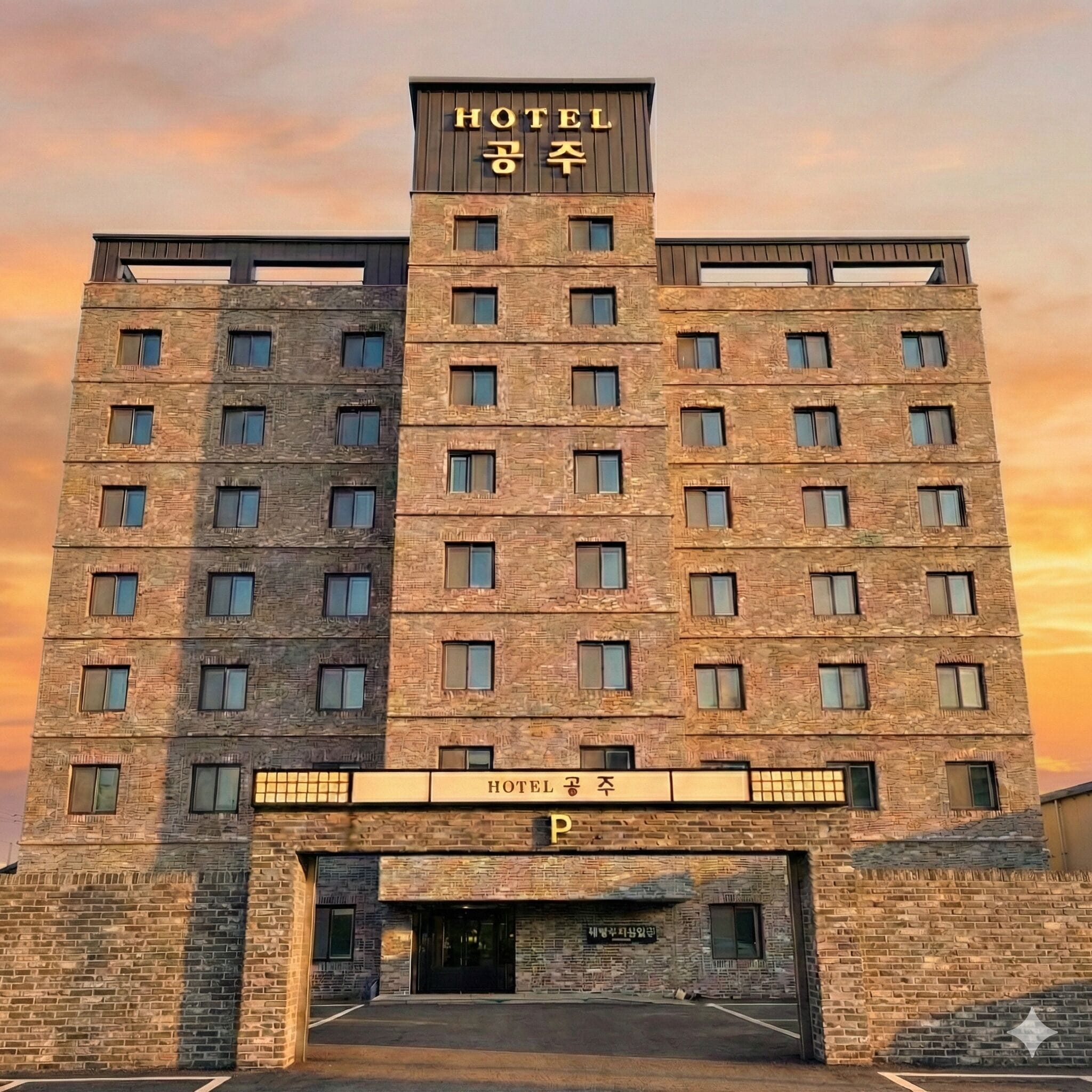 A multi-story hotel with a prominent 'HOTEL' sign at the top, a large entrance with a parking area, and a brick facade.