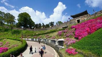 Un sentier bordé de verdure et de fleurs roses, où l’on voit des gens se promener, mène à un bâtiment traditionnel surmonté d’un toit en tuiles.