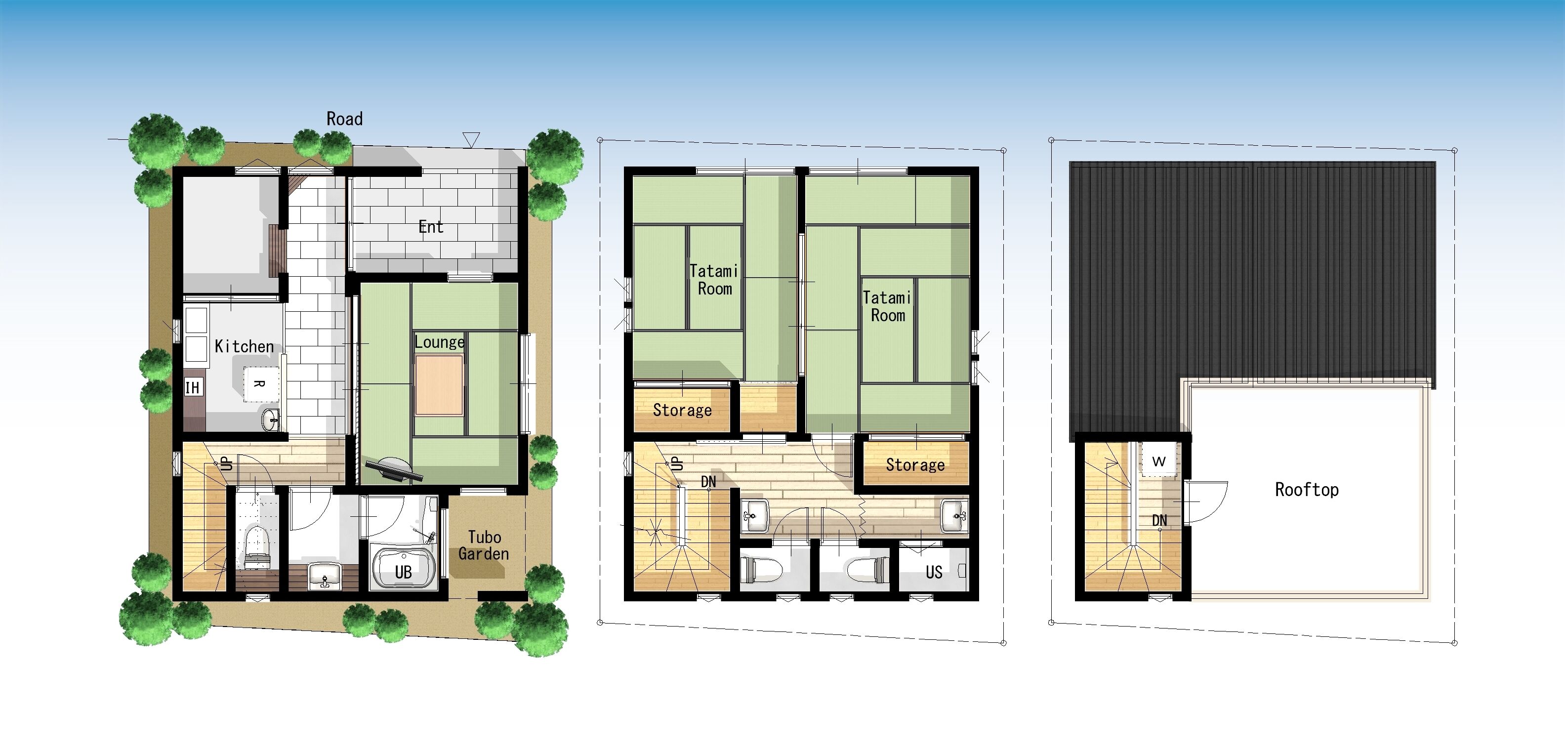 En arkitektonisk tegning i tre perspektiver af en boligbygning med køkken, opholdsstue, badeværelse og have.