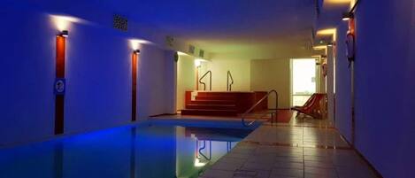 Indoor pool, open 11:00 AM to 10:00 PM, sun loungers