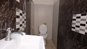 Regadera, toallas, jabón, shampoo