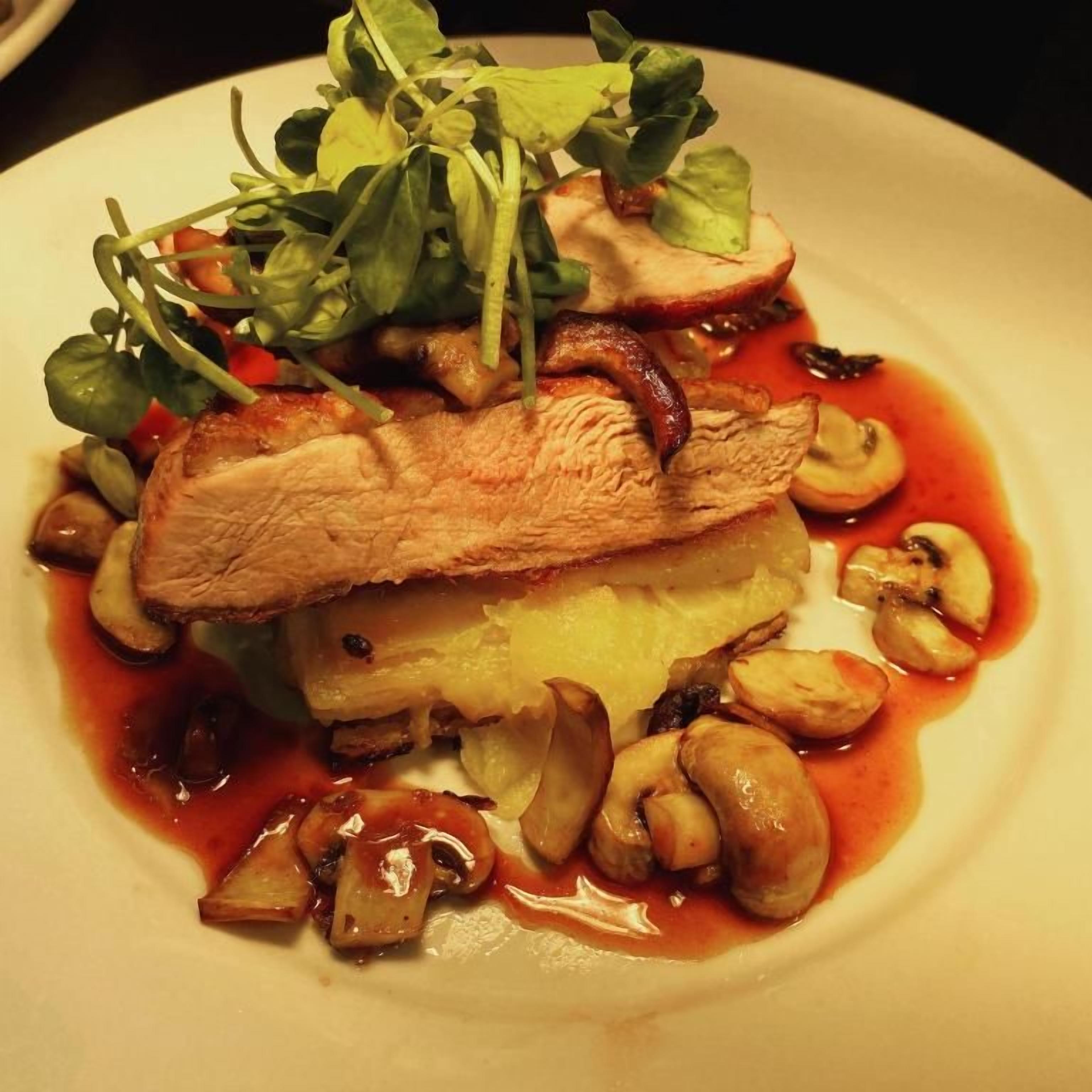 A plate of food with a piece of meat, mushrooms, and greens.