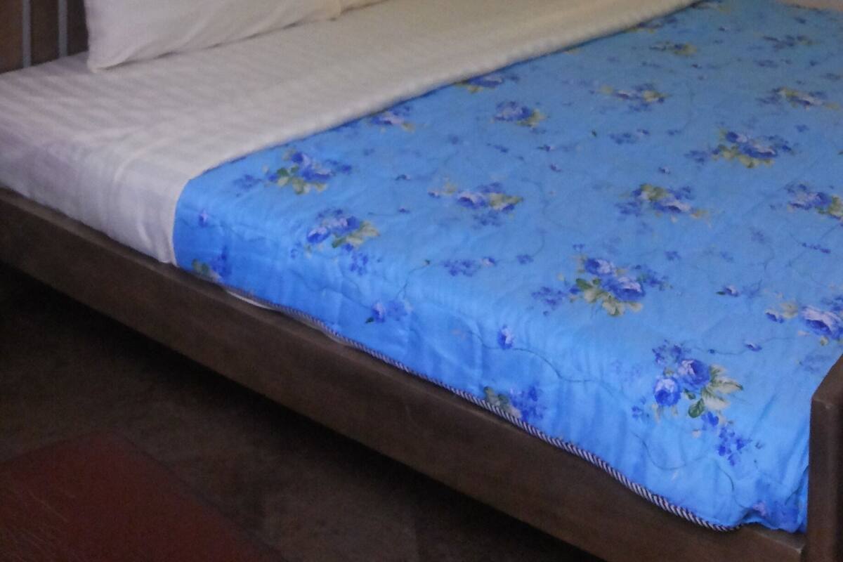 A single bed with a wooden headboard, a blue floral bedspread, and a mosquito net hanging above.