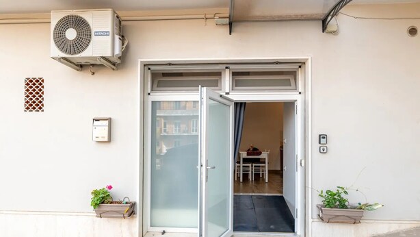 A building entrance with a sliding glass door, a wall-mounted air conditioning unit, and two potted plants on either side.