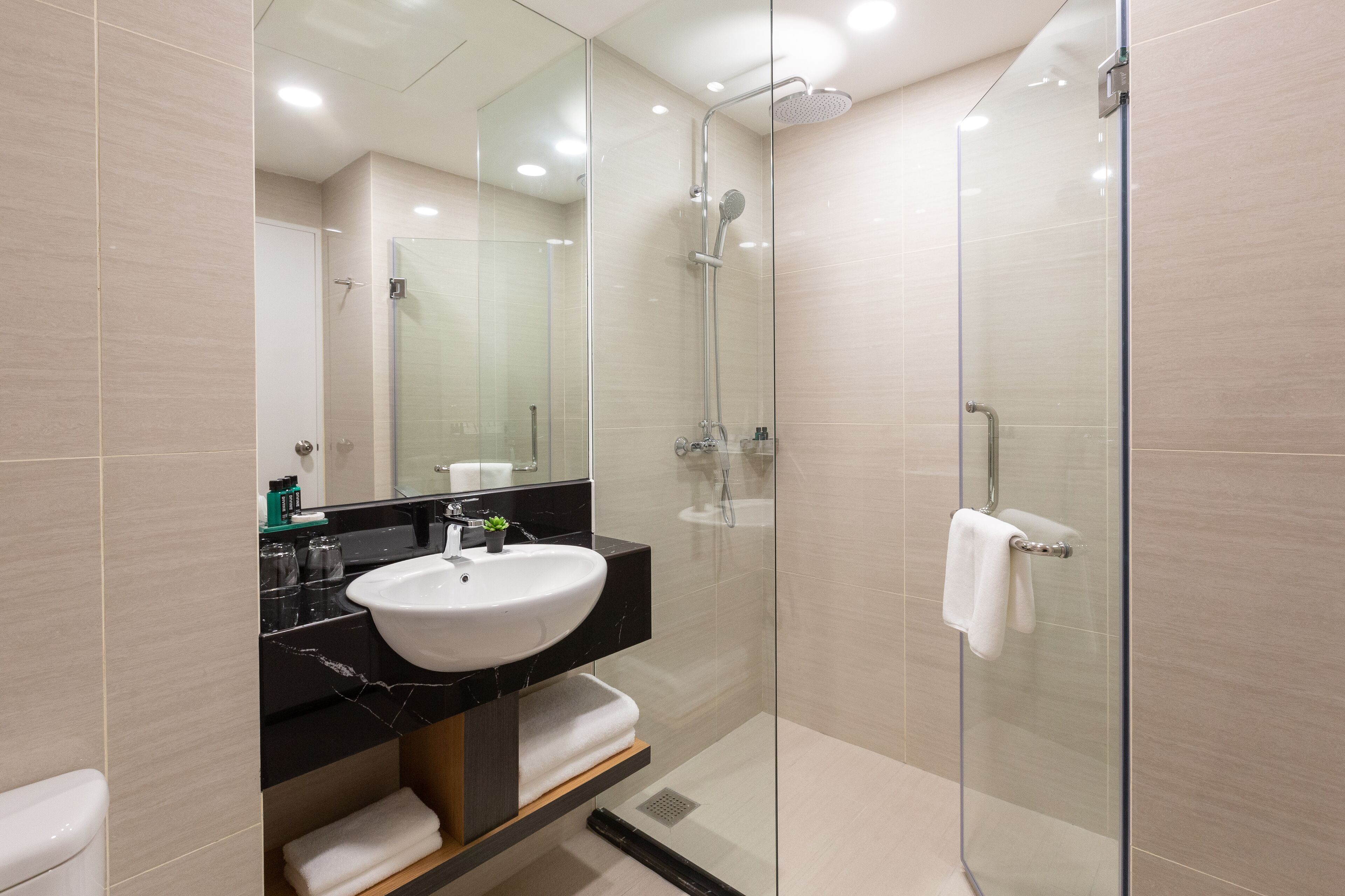 shower, rainfall showerhead, bidet, towels