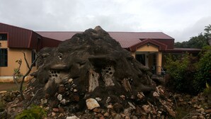 A rock formation with multiple holes, a building with a red roof, and a garden with plants and rocks. - Penthouse Inn (Moyo)