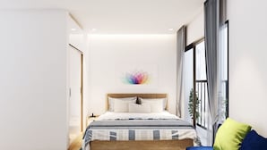 A modern bedroom with a large bed, a window with curtains, and a colorful wall art piece. - Vinhomes Green Bay Apartments (Hanoi)