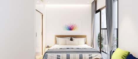 A modern bedroom with a large bed, a window with curtains, and a colorful wall art piece.