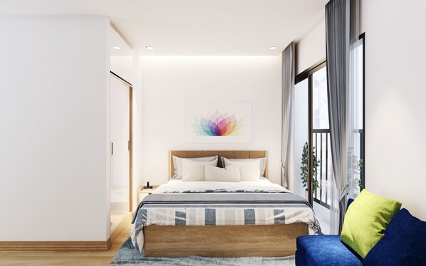 A modern bedroom with a large bed, a window with curtains, and a colorful wall art piece. - Vinhomes Green Bay Apartments (Hanoi)