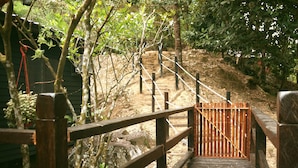 Eine Holzbrücke mit einem Tor, das zu einem bewaldeten Gebiet führt.