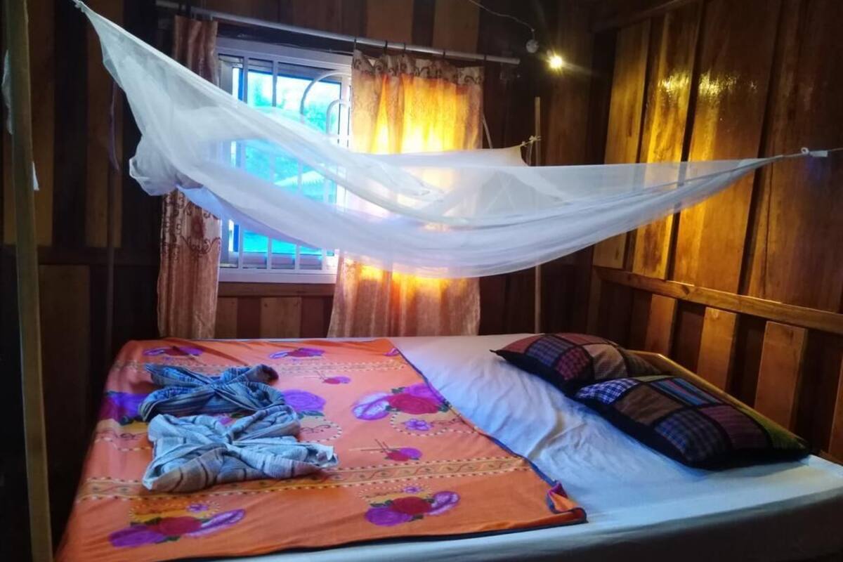 A bed with a floral bedspread, a white canopy, and a window with curtains.