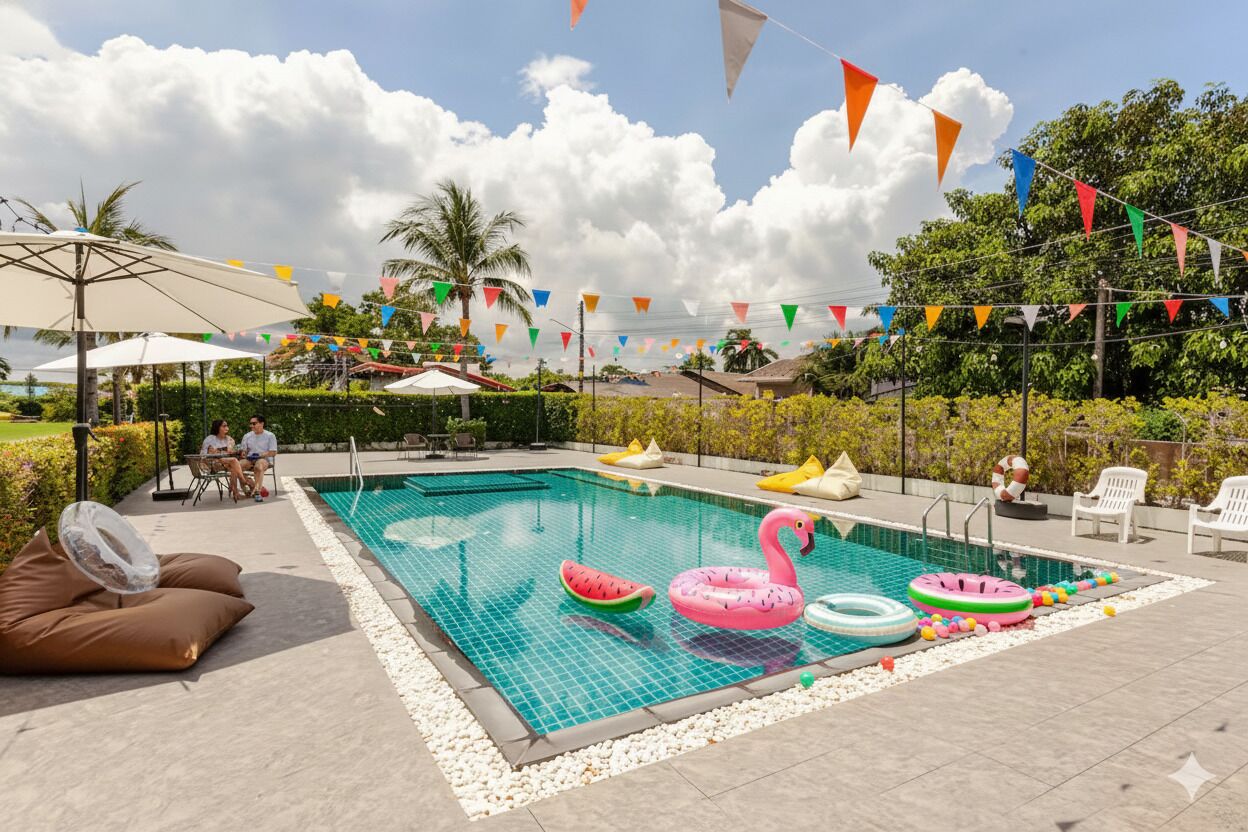 Une piscine avec des jeux gonflables, entourée de chaises longues et de parasols.