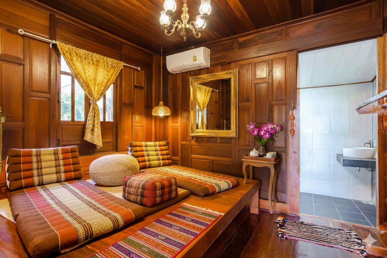 A wooden room with a bed, a mirror, a small table with flowers, and a bathroom visible through an open door.