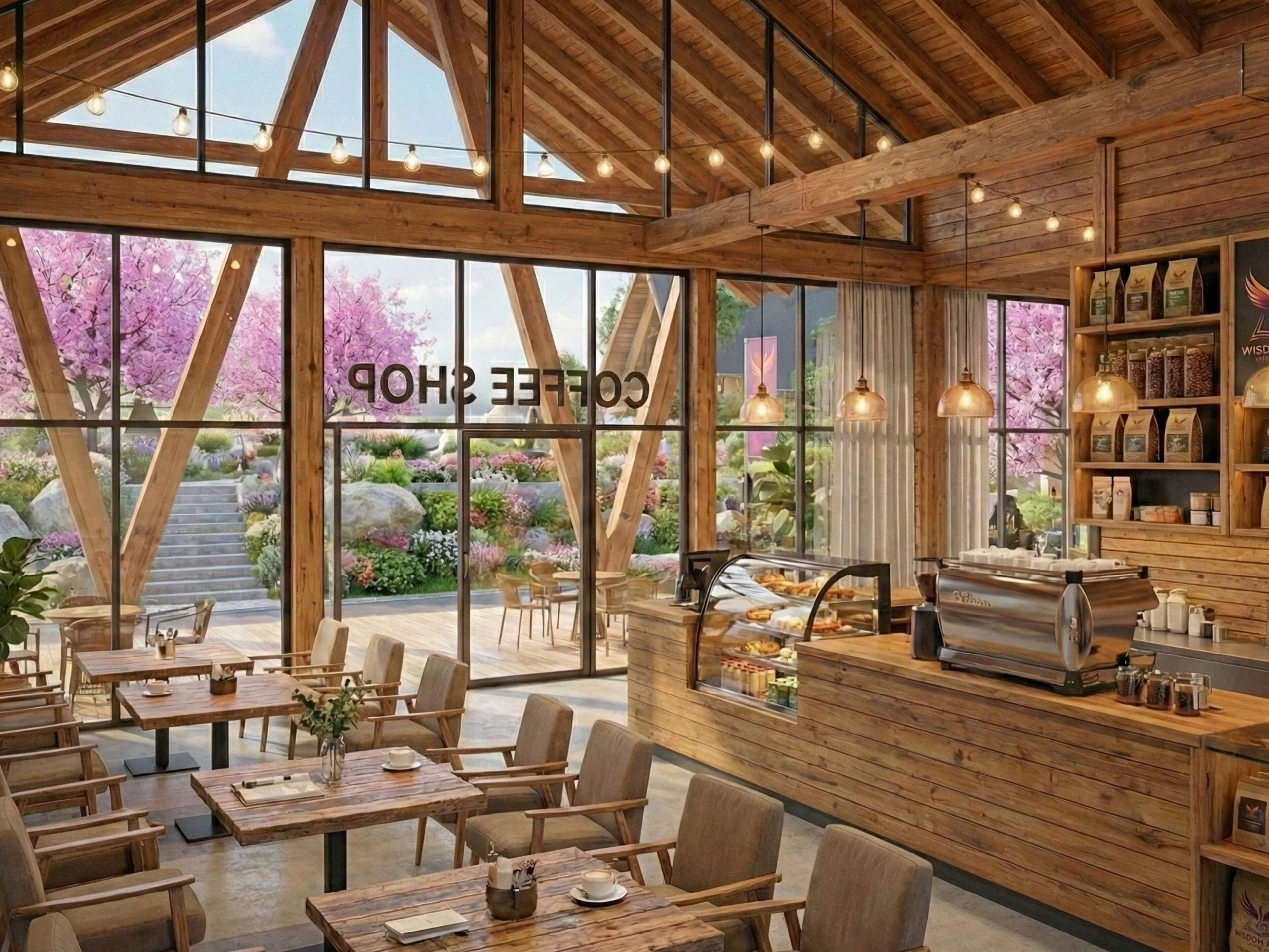 A coffee shop with wooden interiors, large windows, and a view of cherry blossoms.