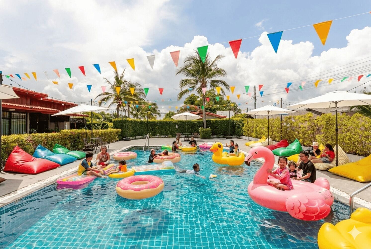 Una piscina con coloridos juguetes inflables y un entorno tropical.