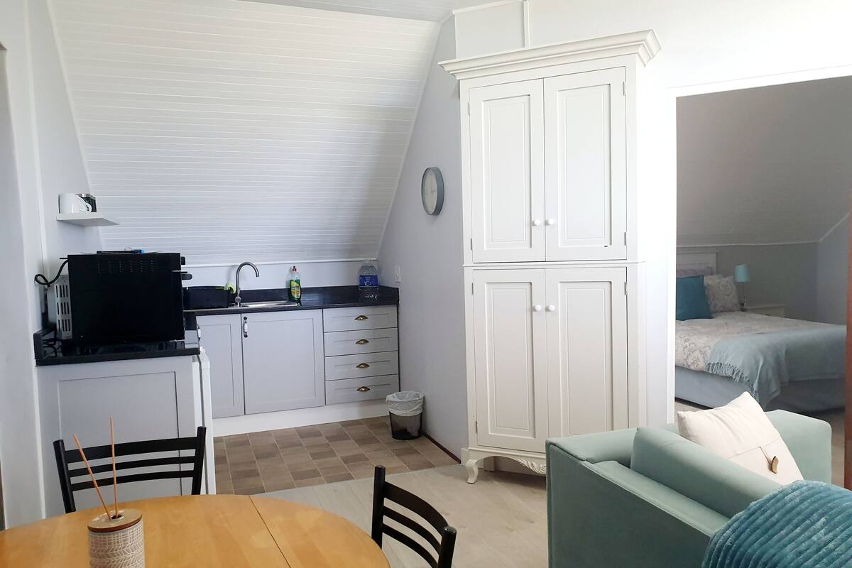 A compact room with a kitchenette, a dining area, and a bed.