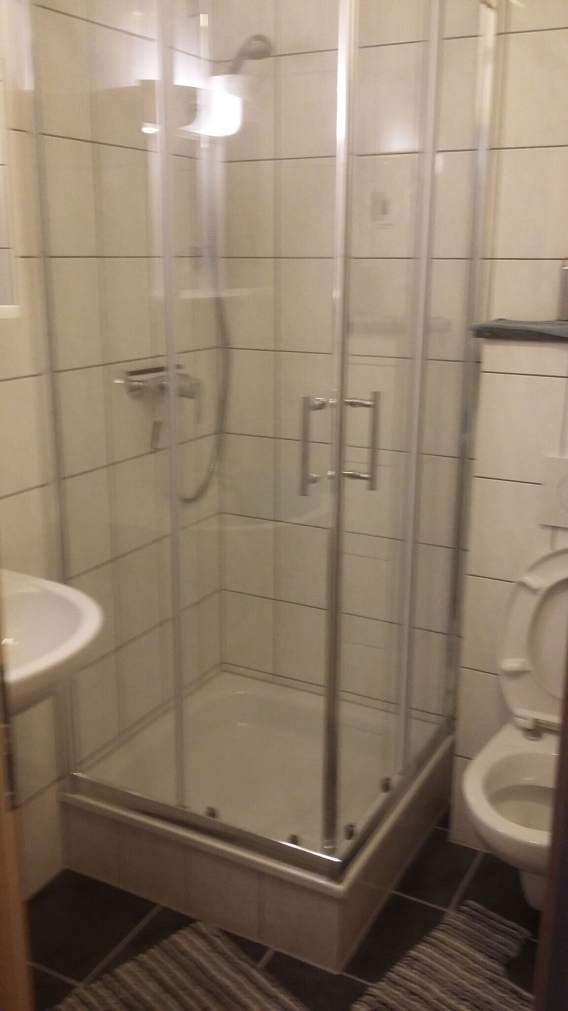 A glass-enclosed shower stall with a white sink and toilet to the left.