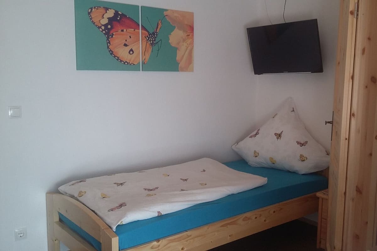 A small, single-bed room with a wooden frame, a blue mattress, and a white pillow with butterfly prints. A flat-screen TV is mounted on the wall above the bed.