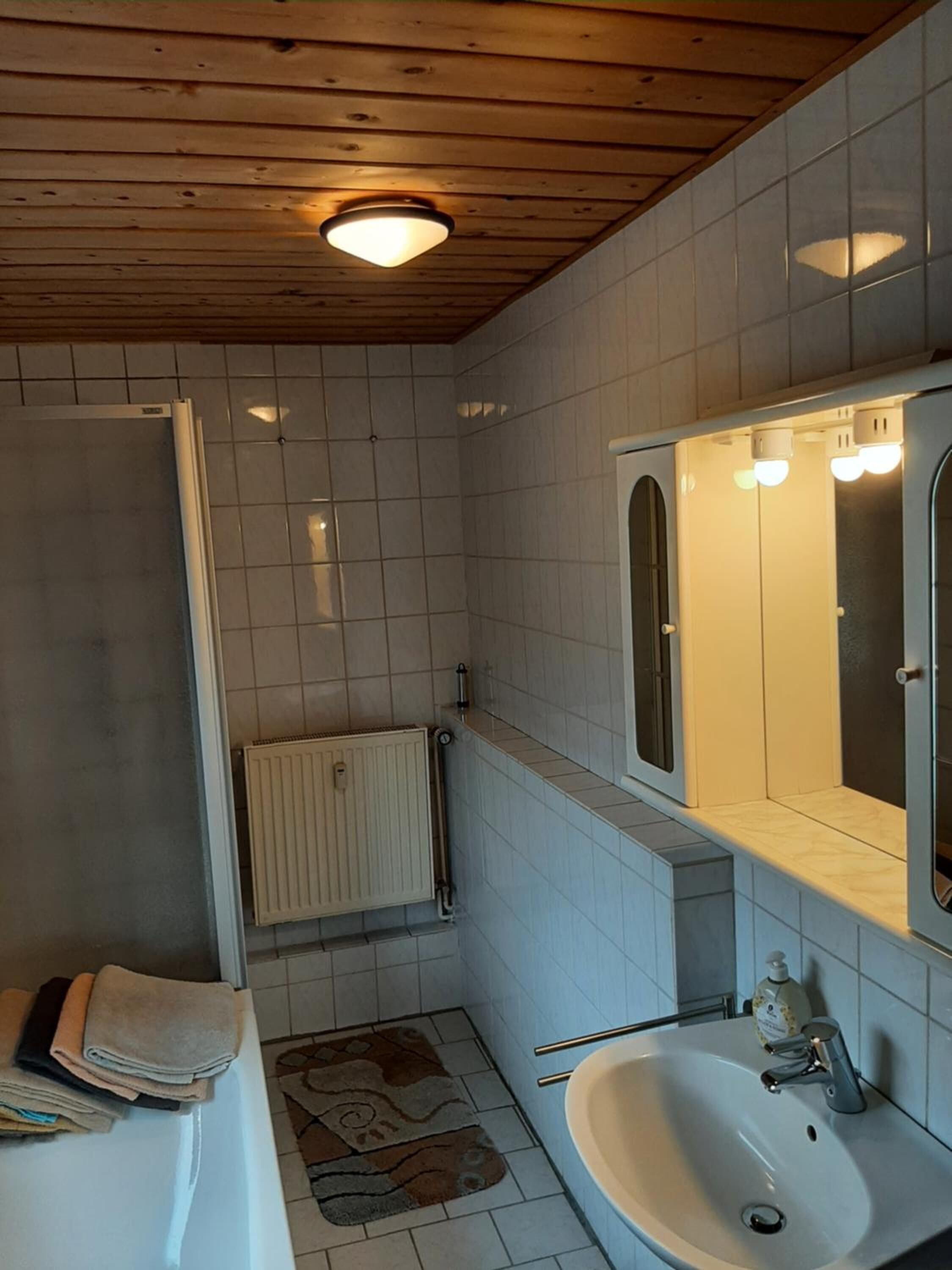 A bathroom with a shower, a sink, a mirror, and a radiator.