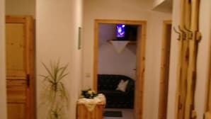 A narrow hallway with wooden flooring, a potted plant, a small table with a vase, and a television in the background. - Gästehaus Rüger (Birkenau)
