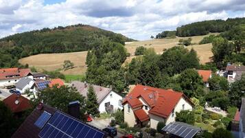 A residential area with houses, solar panels, and a hilly landscape.