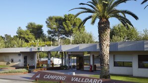 Un edificio con un letrero que dice "CAMPING VALLDARO" y una palmera al frente.